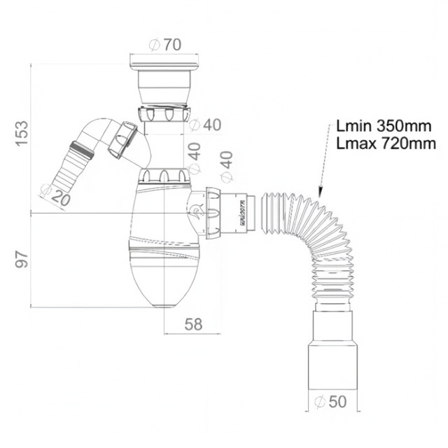 сифон для раковины UNICORN 1.1/2"х40 прикруч. выпуск отвод д/БТ