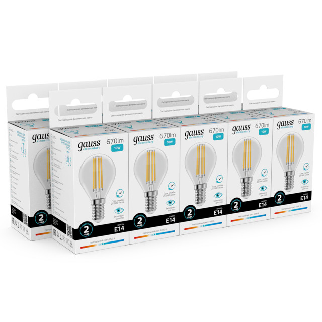 лампа филаментная GAUSS Filament Elementary 10Вт Е14 LED 670Лм 4100К шар