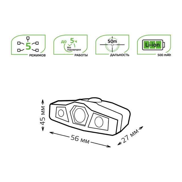 фонарь налобный GAUSS 3хLED 5Вт Li-ion 500mAh пластик черно-зеленый