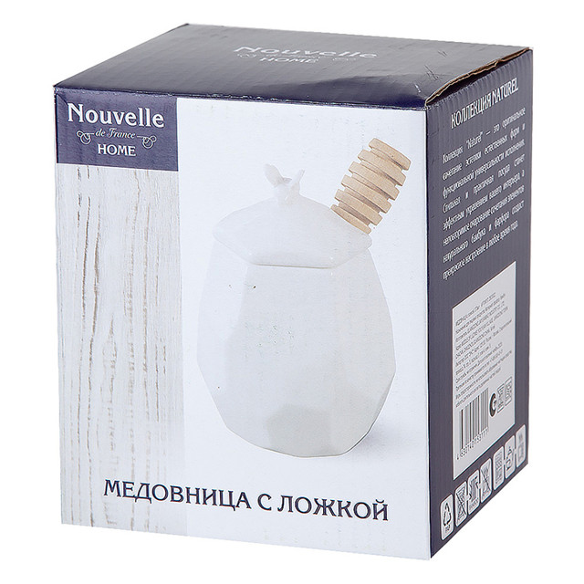 банка для меда NOUVELLE HOME Naturel 0,37л 9х9х13см с ложкой фарфор бамбук