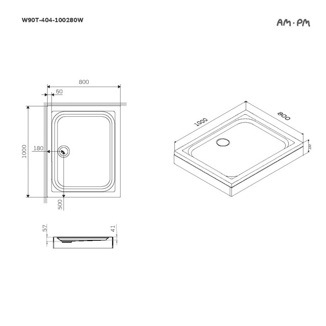 поддон душевой AM.PM Gem W90T-404-100280W 100x80, сифон в комлпекте