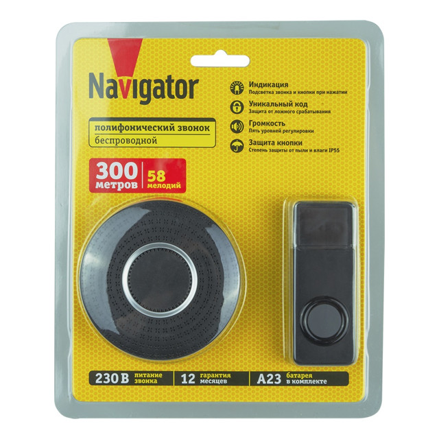 звонок беспроводной NAVIGATOR IP20 IP55 58 мелодий черный круг