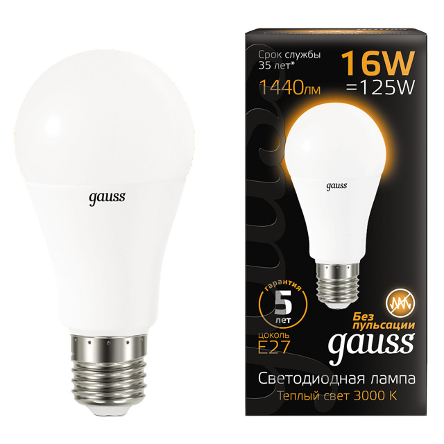 лампа GAUSS 16Вт E27 LED 1440Лм 3000K A60 груша