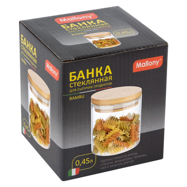 банка для продуктов MALLONY Bambu 0,45 л, круглая, стеклянная