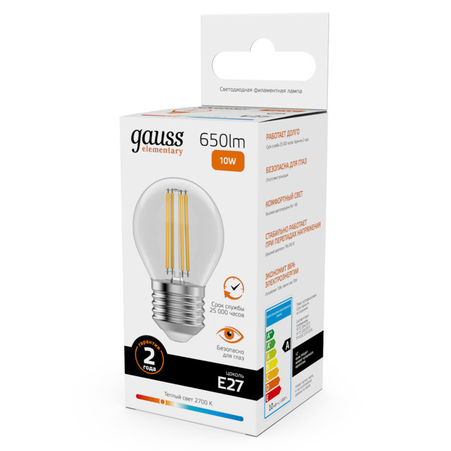 лампа филаментная GAUSS Filament Elementary 10Вт Е27 LED 650Лм 2700К шар
