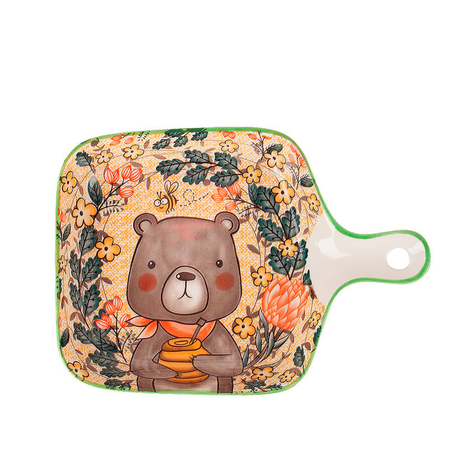 блюдо NOUVELLE HOME Kawaii Forest Bear 22х16см квадратное с ручкой фарфор