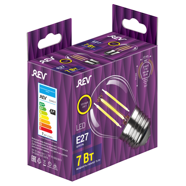 лампа филаментная REV 7Вт E27 G45 2700K шар