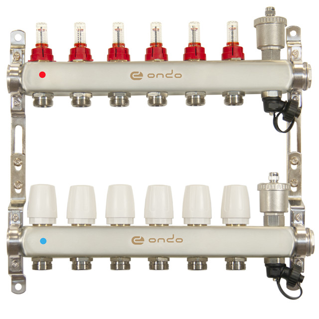 коллекторная группа ONDO 1" х 6 отводов с расходомерами нерж. сталь