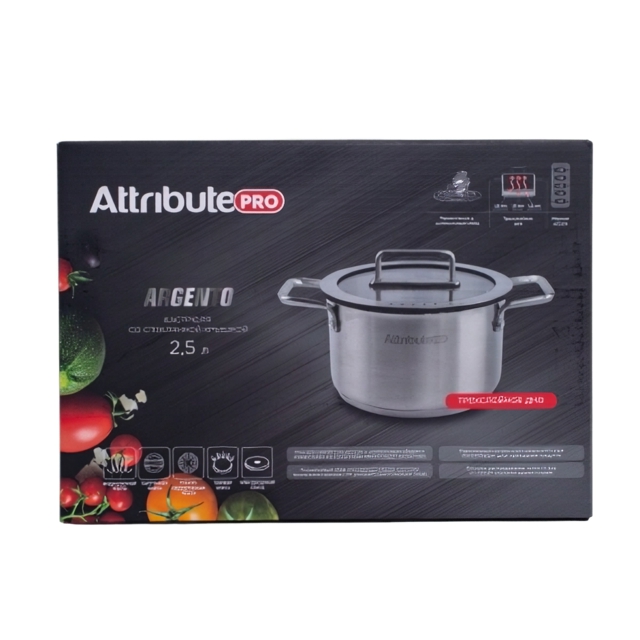 кастрюля ATTRIBUTE Argento 2,5л 18см нерж.сталь стеклянная крышка индукция
