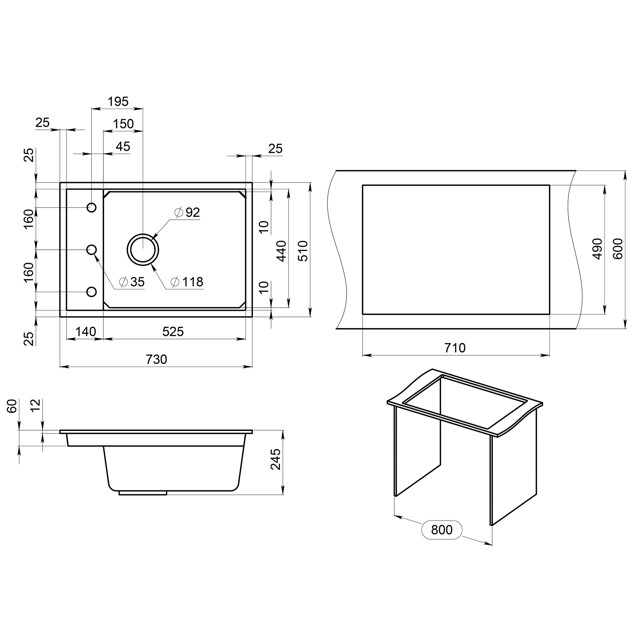 мойка GRANULA Kitchen Space 7305 730х510х245мм алюминиум кварц