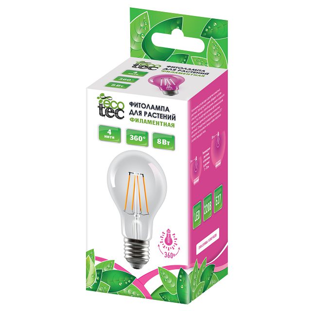 светодиодная фитолампа для растений ECO tec филаментная Е27 8Вт