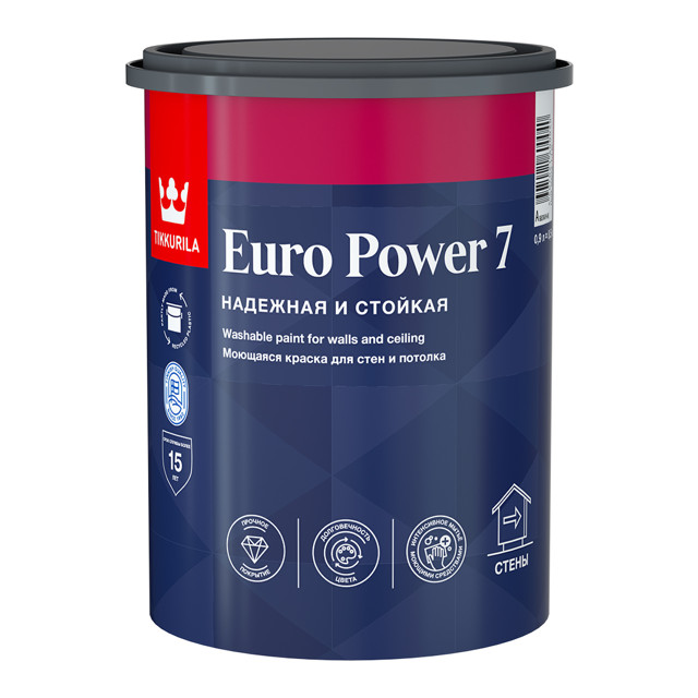 краска акриловая TIKKURILA Euro Power 7 для стен и потолков база А 0,9л белая, арт.700001118