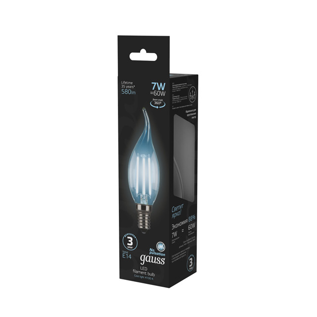 лампа GAUSS Filament 7Вт Е14 LED 580Лм 4100К свеча на ветру
