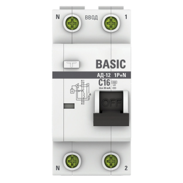 выключатель дифференциального тока EKF Basic АД-12 1P+N 16А 30мА тип АС х-ка C эл. 4,5кА