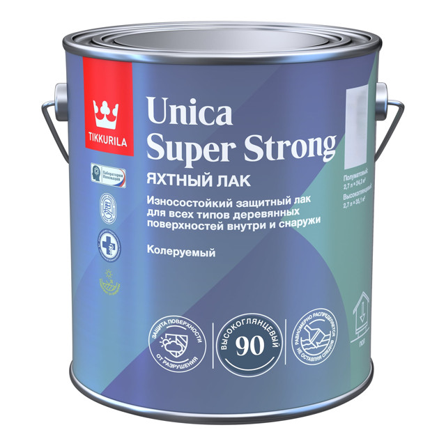 лак алкидно-уретановый TIKKURILA Unica Super Strong яхтный высокоглянцевый 2,7л , арт.700014009