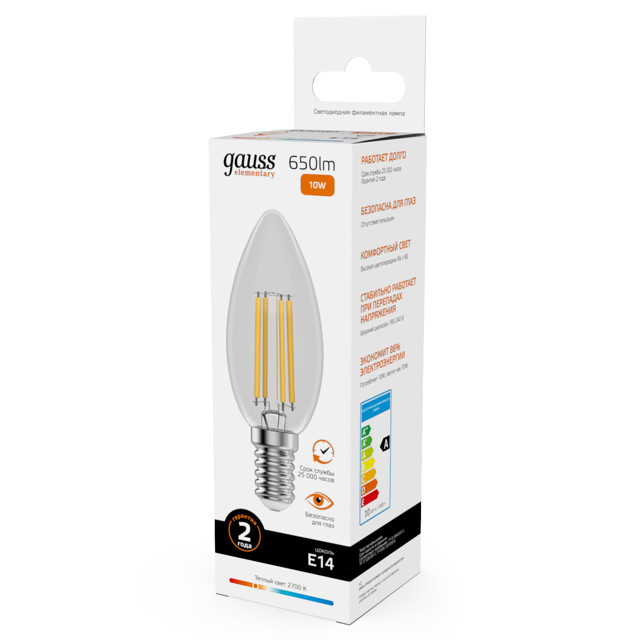 лампа филаментная GAUSS Filament Elementary 10Вт Е14 LED 650Лм 2700К свеча