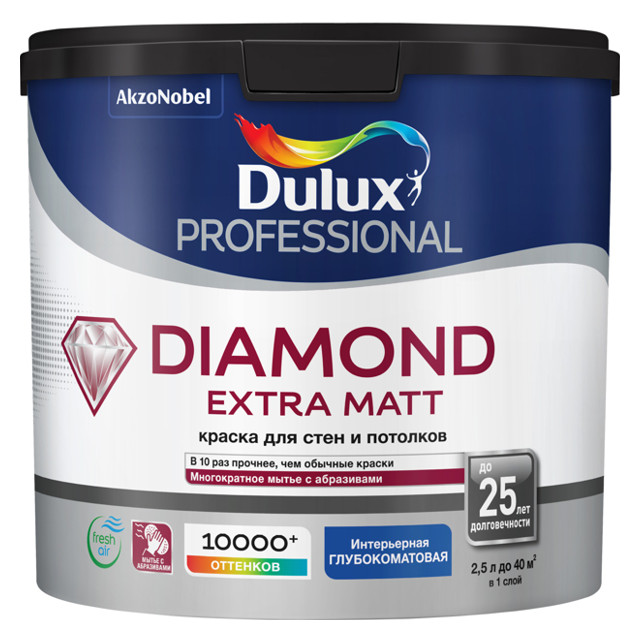 краска в/д DULUX Trade Diamond Extra matt база BС для стен и потолков 2,25л бесцветная, арт.5273958