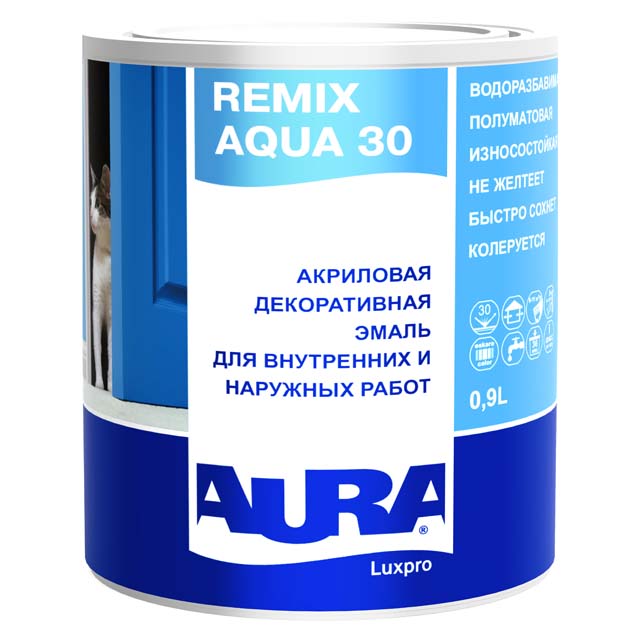 эмаль акриловая AURA LUXPRO REMIX AQUA 30 основа TR 0,9 л, арт.4607003911911