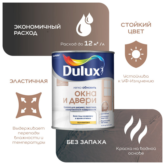 краска в/д DULUX Окна и Двери база BW 0,75л белая, арт.5327289