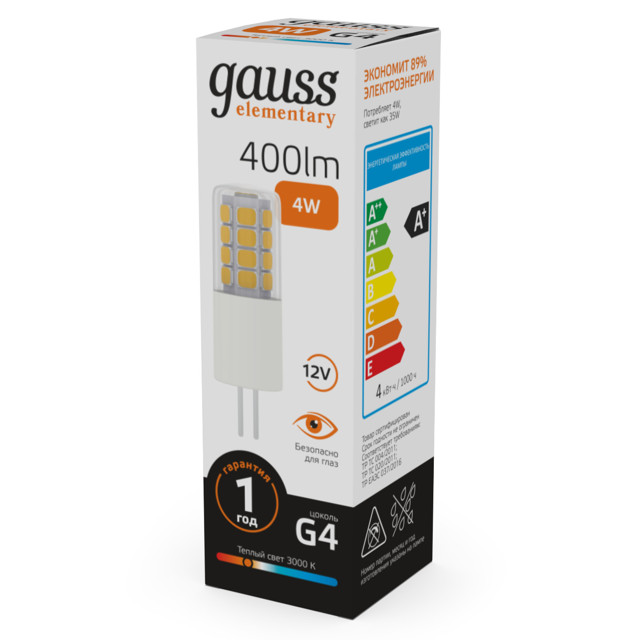 лампа светодиодная GAUSS Elementary 4Вт G4 LED 400Лм 3000K капсула