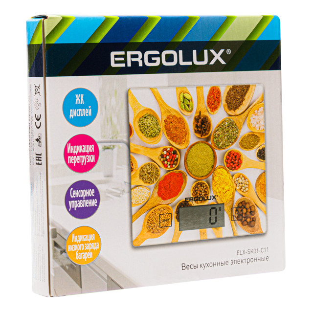весы кухонные ERGOLUX ELX-SK01-С11 до 5кг стекло яркие приправы
