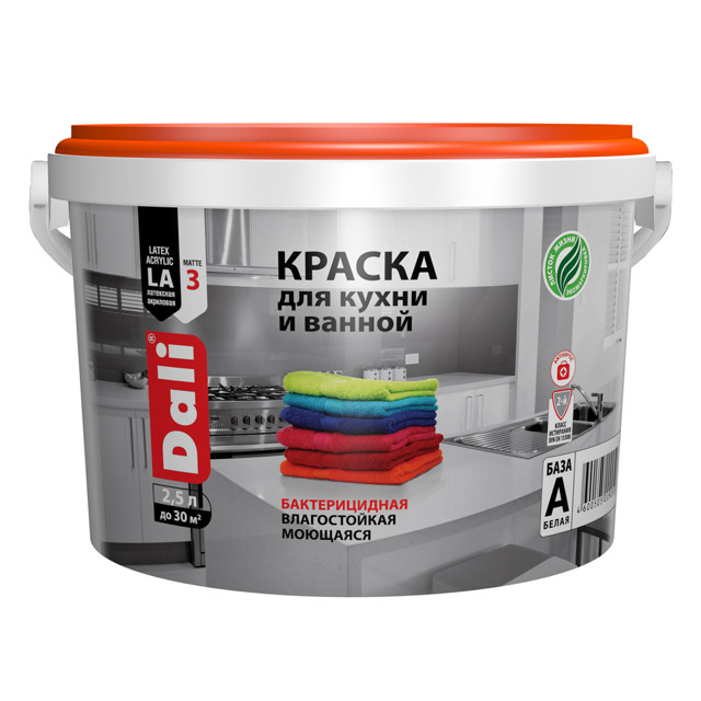 краска DALI влагостойкая для кухни и ванной белая база А 2,5 л, арт.20905