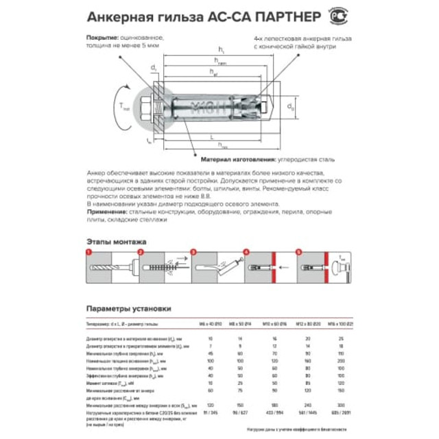 анкер-гильза оцинкованная ПАРТНЕР AC-CA M10x60 D16 2шт