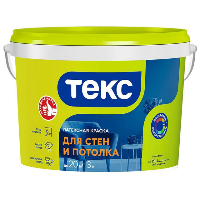 краска латексная ТЕКС для стен и потолков 3кг белая, арт. 700000521
