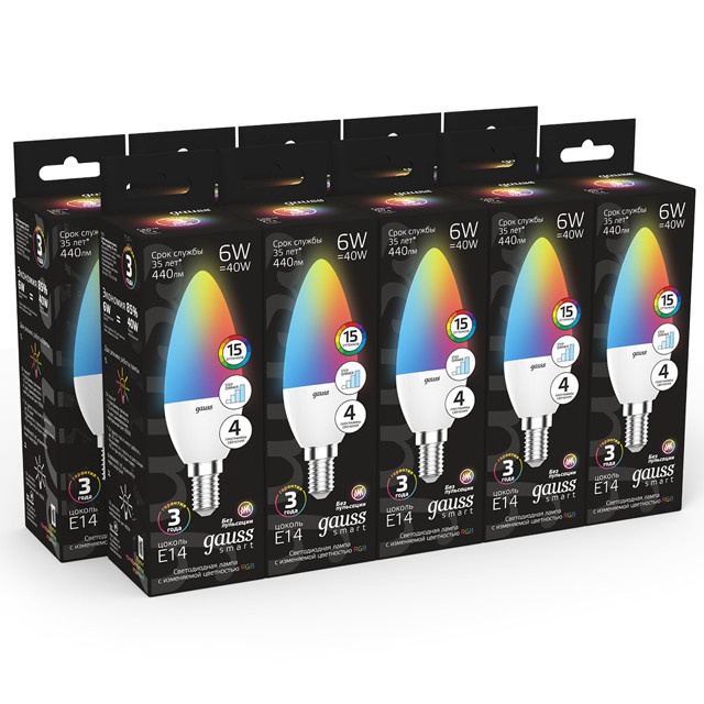 лампа светодиодная GAUSS 6Вт E14 LED RGBW+димирование свеча