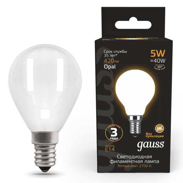 лампа филаментная GAUSS 5Вт LED Е14 420Лм LED 2700К milky Шар