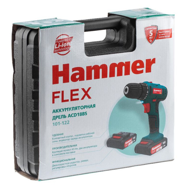 дрель-шуруповерт HAMMER Flex ACD18BS 18В Li-Ion 2Ач 2 аккумулятора