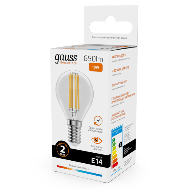 лампа филаментная GAUSS Filament Elementary 10Вт Е14 LED 650Лм 2700К шар
