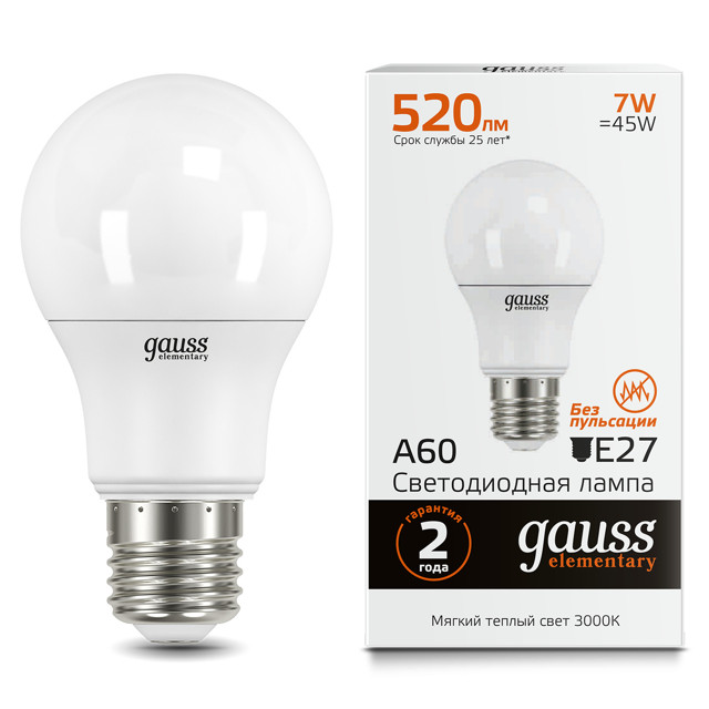 лампа Gauss Elementary 7Вт E27 520Лм LED 3000К груша