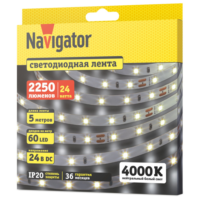 лента светодиодная NAVIGATOR LED 4,8Вт 2835 IP20 24В 4000К 5м
