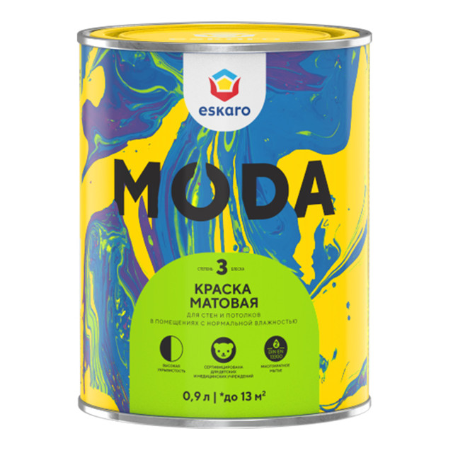 краска акриловая ESKARO Moda 3 база А для стен и потолков 0,9л белая, арт.4630042540378