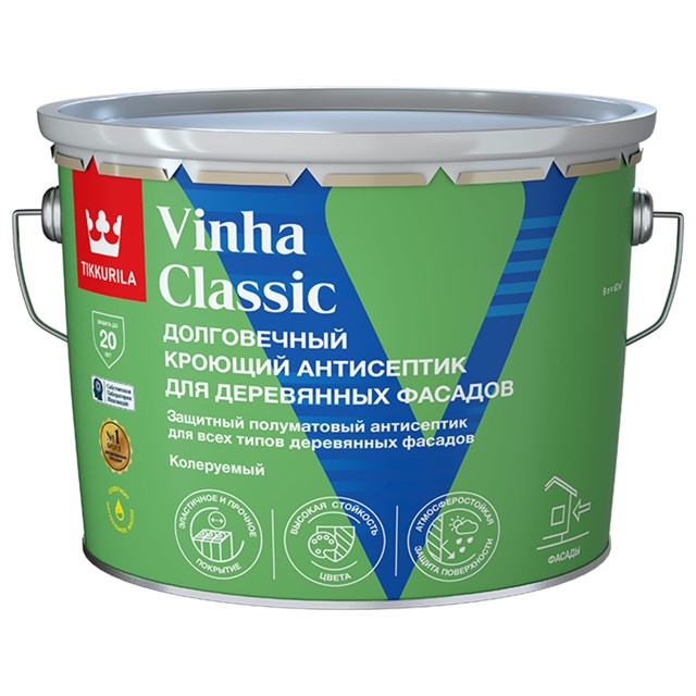 антисептик кроющий TIKKURILA Vinha Classic 9л белый, арт.700014055