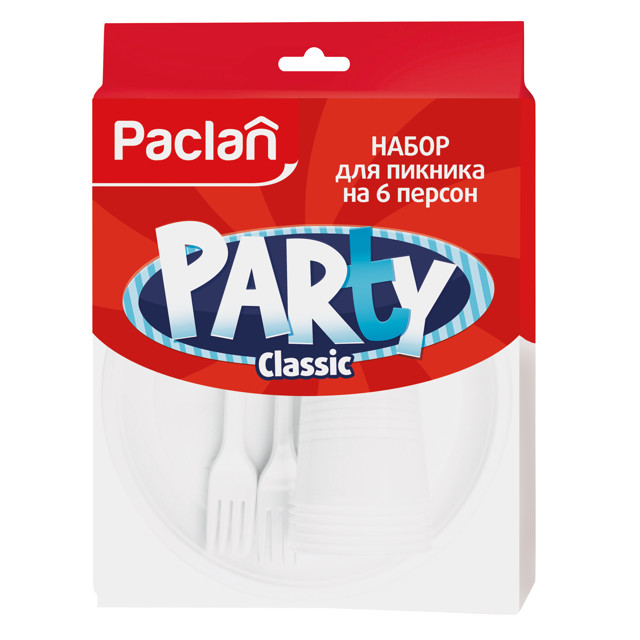 набор PACLAN Party Classic: вилка,стакан,тарелка 16,5см пластик на 6 персон