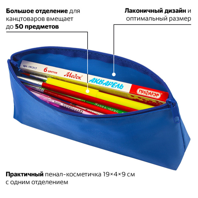 пенал на молнии ПИФАГОР 19х4х9см синий текстиль