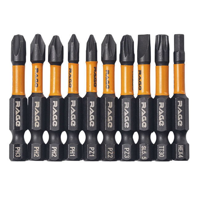 набор бит RAGE by VIRA TORX PH1 PH2 PH3 PZ1 PZ2 PZ3 SL5.5 HEX4 TT30 50мм 10шт
