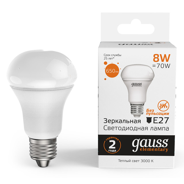 лампа Gauss Elementary 8Вт Е27 650Лм LED 3000К рефлектор