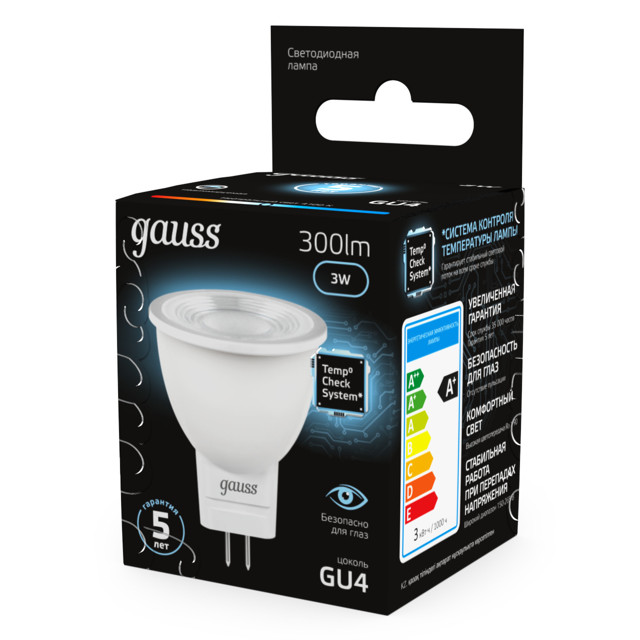 лампа светодиодная GAUSS 3Вт GU4 LED 300Лм 4100K MR11 спот