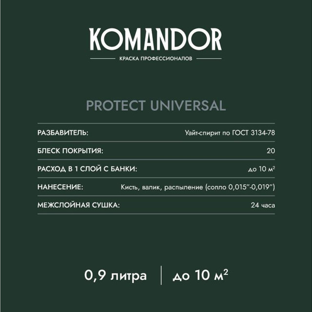 эмаль универсальная KOMANDOR Protect Universal база А 0,9 л полуматовая белая, арт.S1315001001