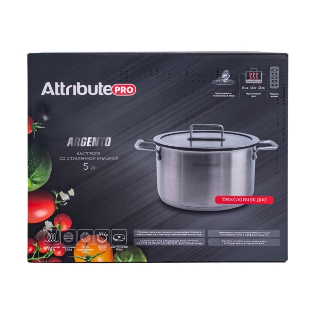 кастрюля ATTRIBUTE Argento 5л 24см нерж.сталь стеклянная крышка индукция