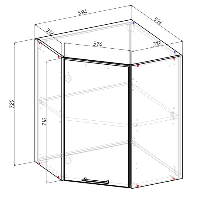 шкаф навесной угловой Бергамо 720х594х594мм 1 дверь МДФ/ЛДСП