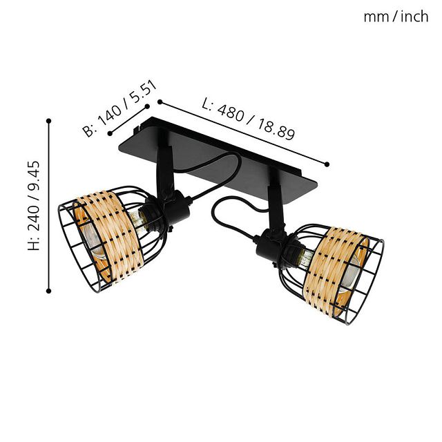 спот EGLO Anwick 1 2x40W E27 сталь черный ротанг натуральный