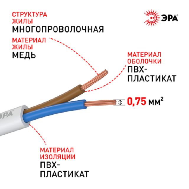 кабель ШВВП ЭРА 2х0,75 10м гибкий плоский белый