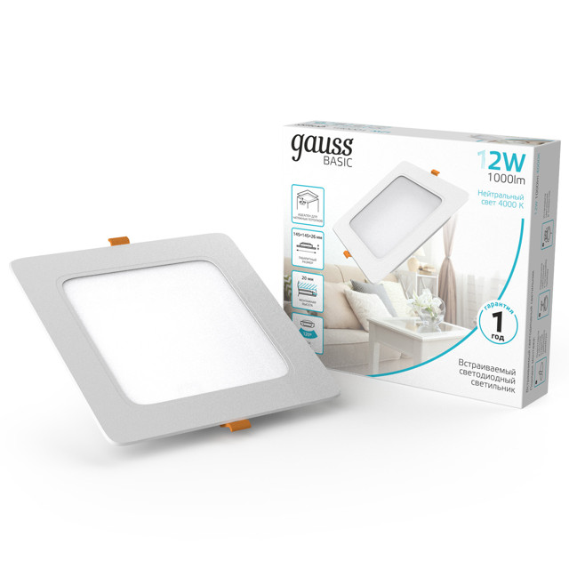 светильник встраиваемый GAUSS Downlight LED 12Вт 1000Лм 4000K IP20 квадрат белый