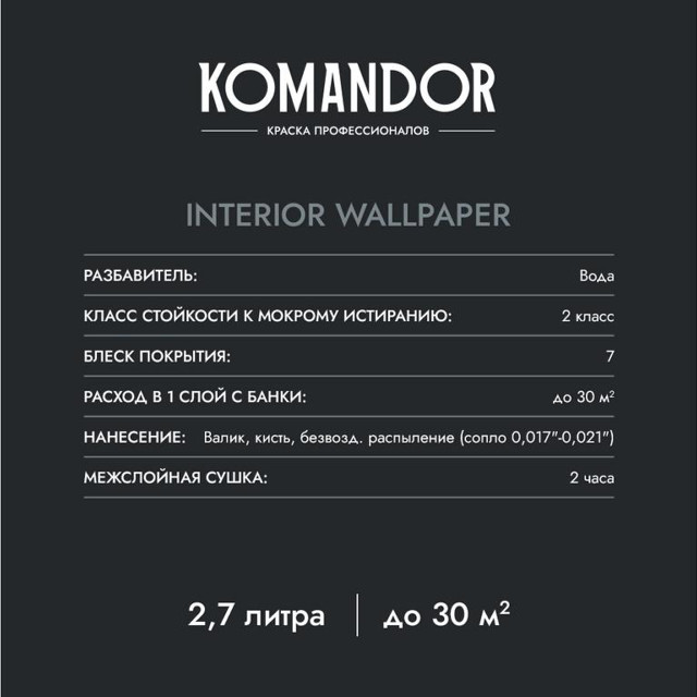 краска в/д KOMANDOR Interior Wallpaper база А матовая для обоев 2,7 л белая, арт.S1306001003