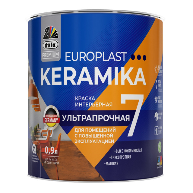 краска в/д DUFA Premium EuroPlast Keramika 7 база 1 для стен и потолков 0,9л белая, арт.МП00-006964