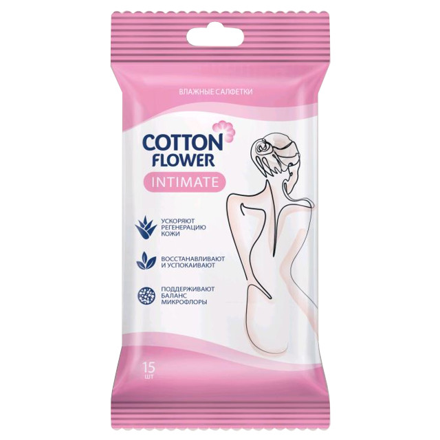 салфетки влажные COTTON FLOWER Intimate 15шт.